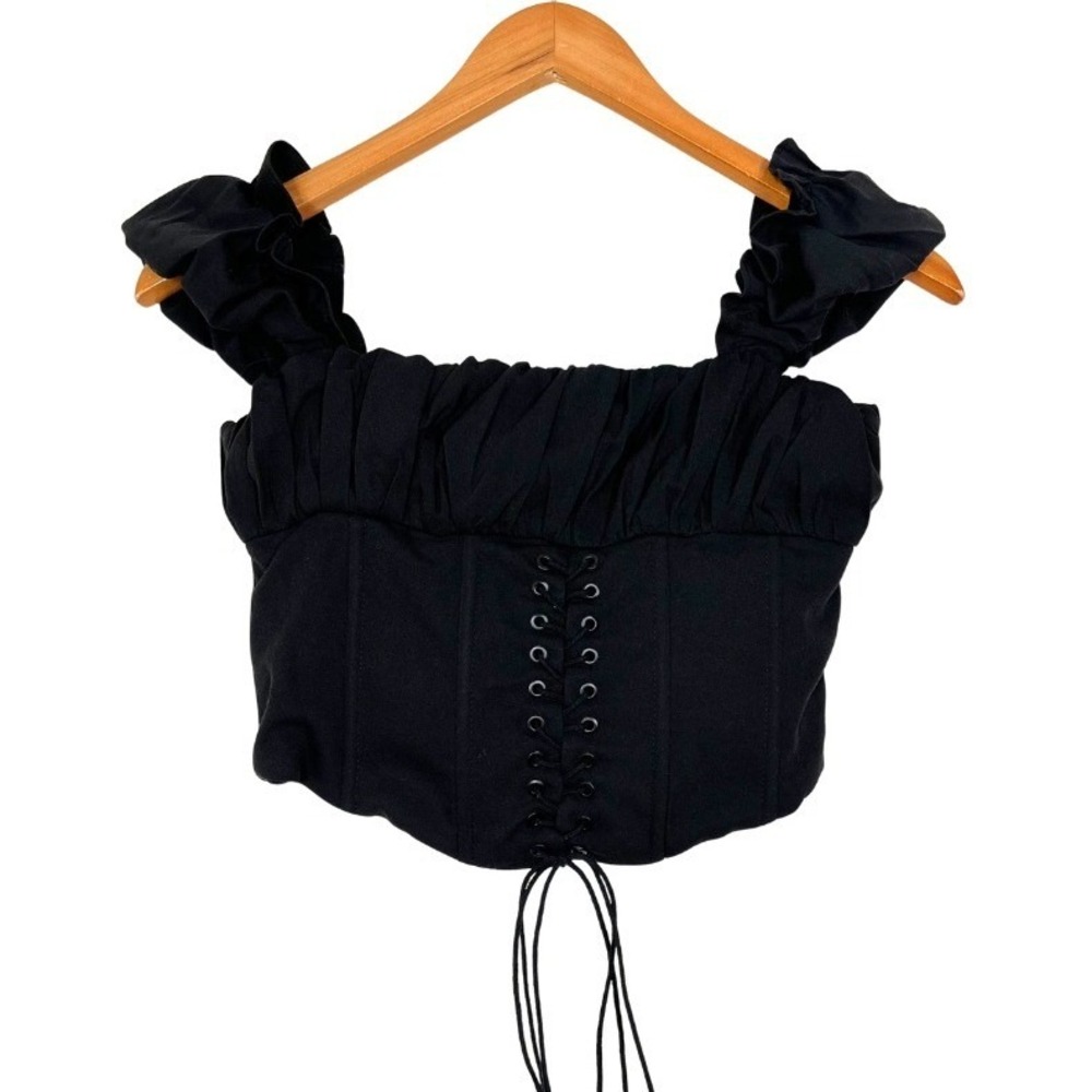 Princess Polly Black Ruffle Corset Top Lace Up Front Back Zip Size US 0